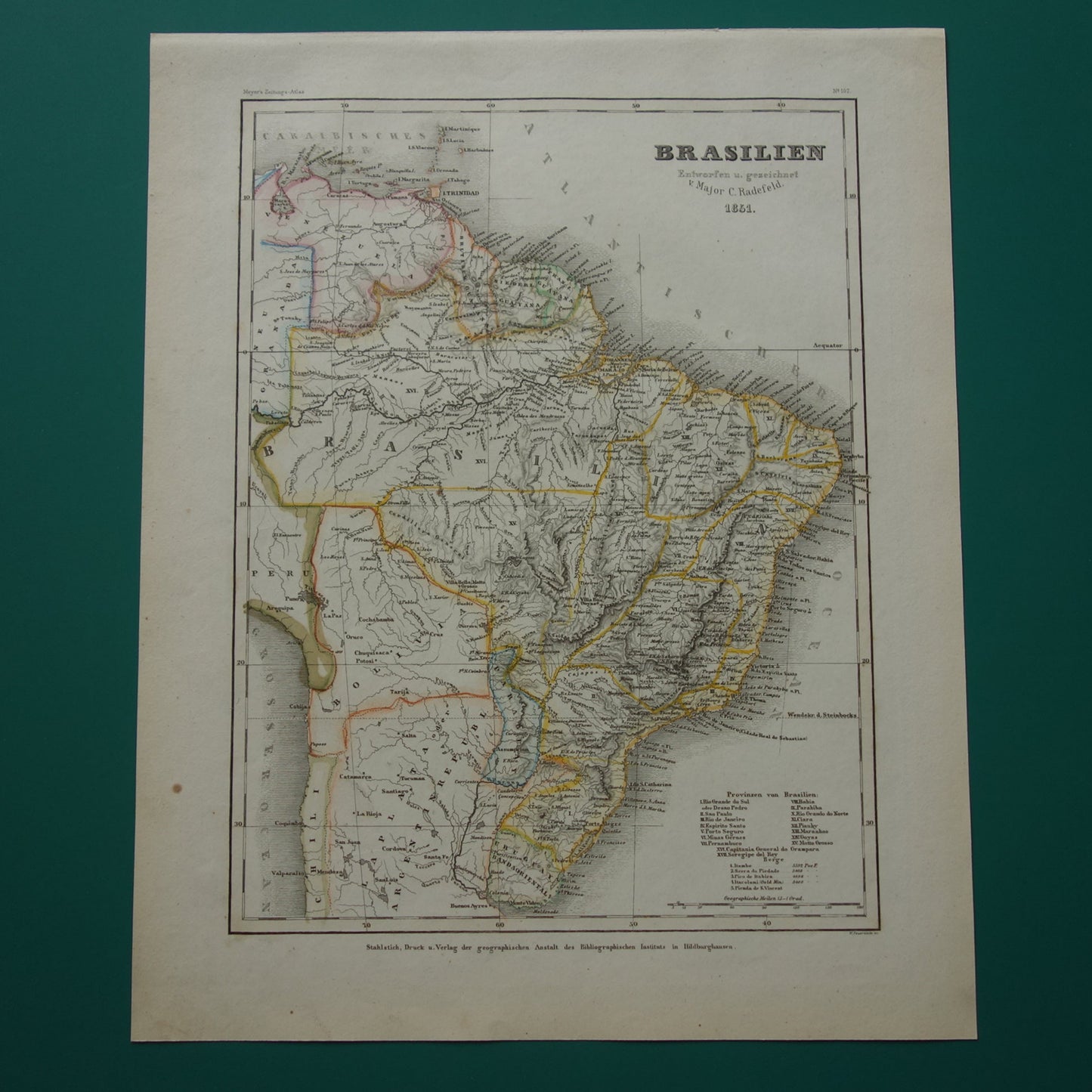 Brazilië oude kaart van Brazilië uit 1851 originele antieke landkaart - vintage kaarten