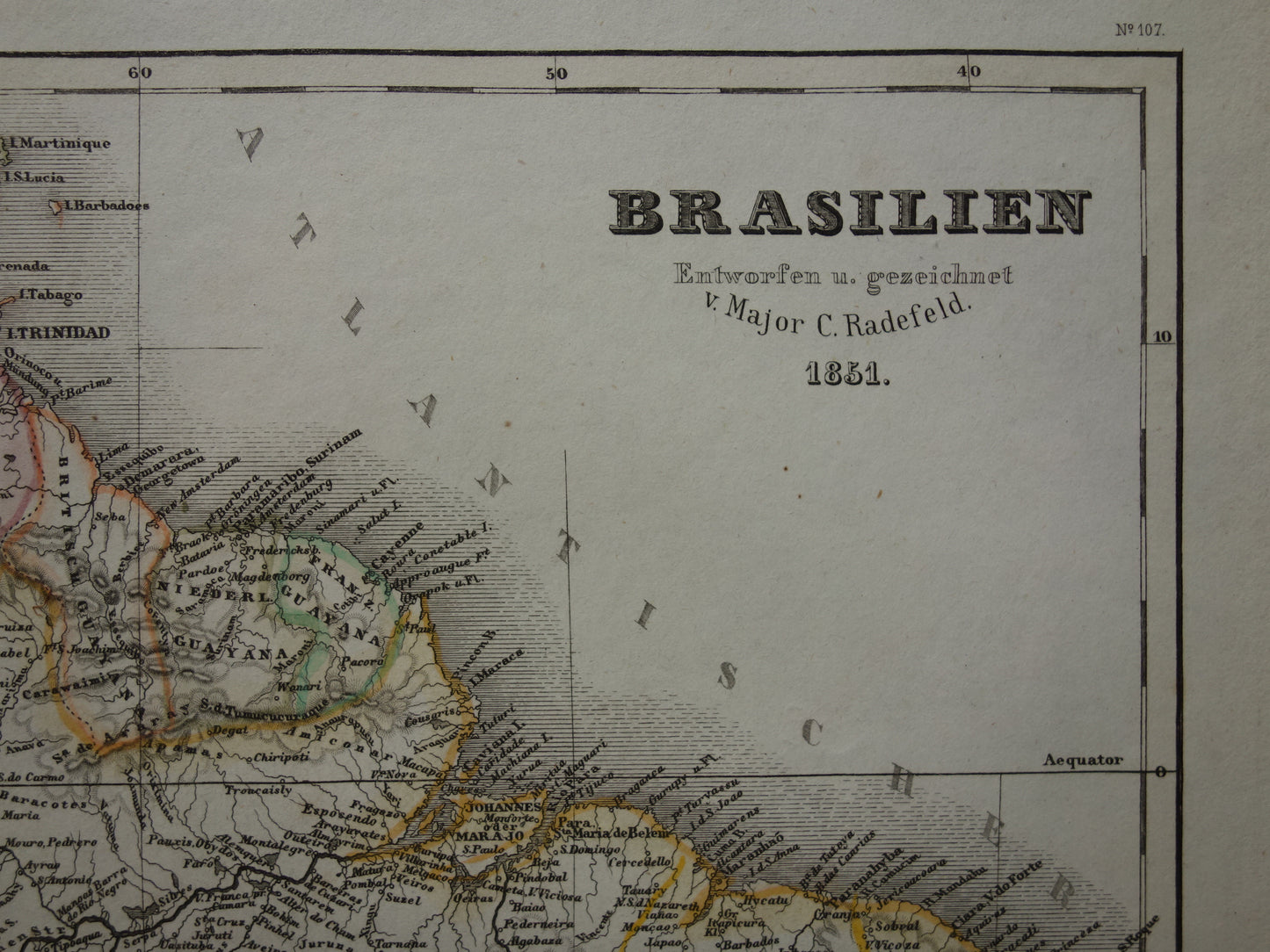 Brazilië oude kaart van Brazilië uit 1851 originele antieke landkaart - vintage kaarten