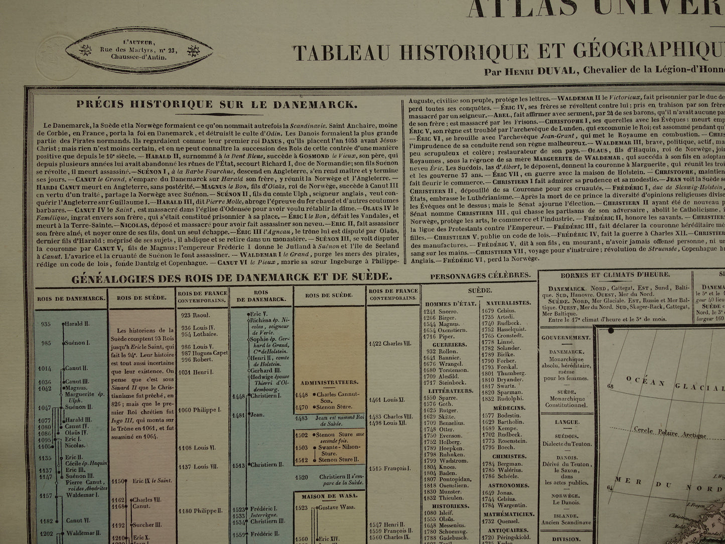 Denemarken en Zweden oude kaart 1837 grote antieke gravure over geschiedenis van Zweden en Denemarken met vintage landkaart