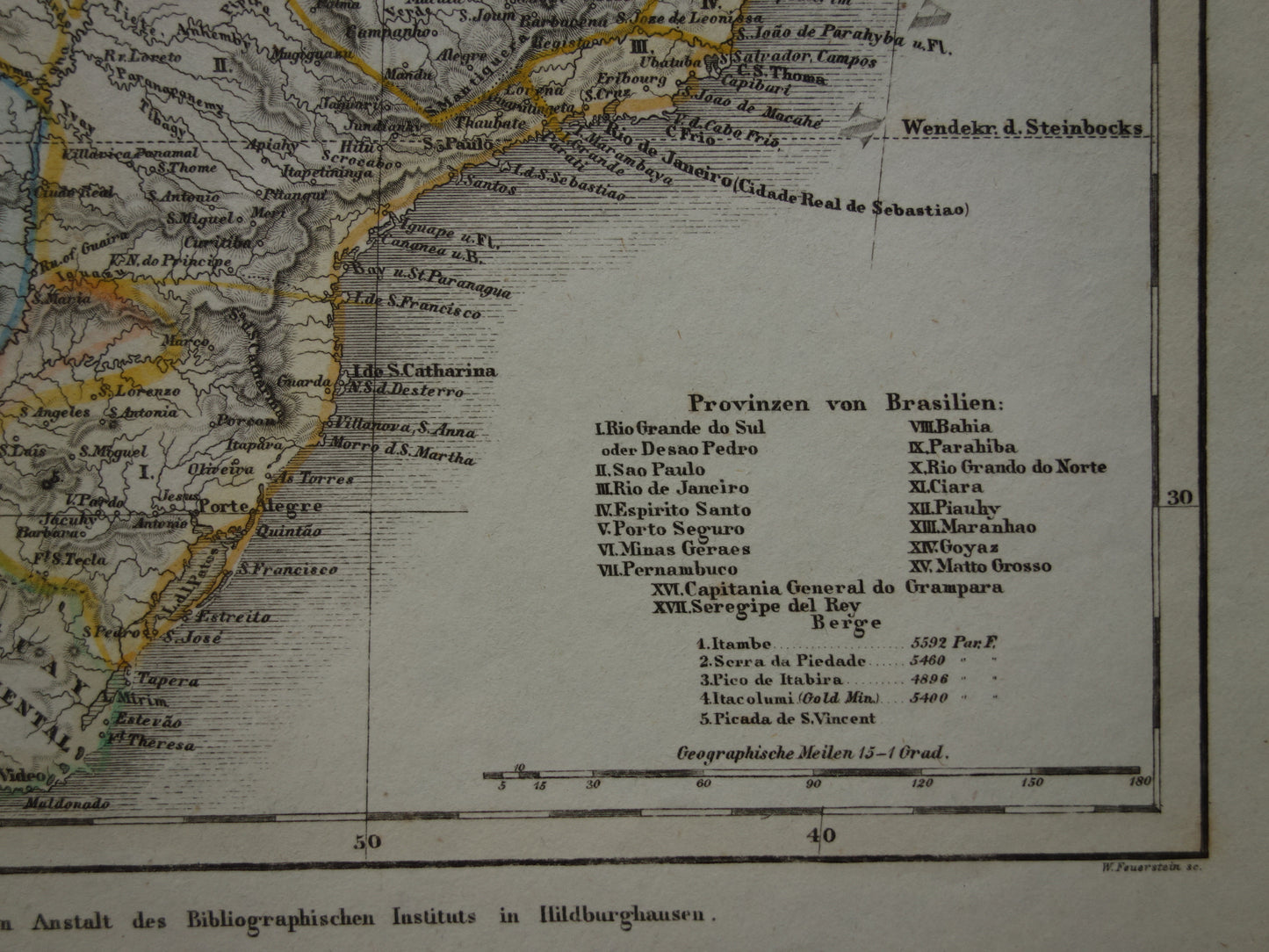 Brazilië oude kaart van Brazilië uit 1851 originele antieke landkaart - vintage kaarten