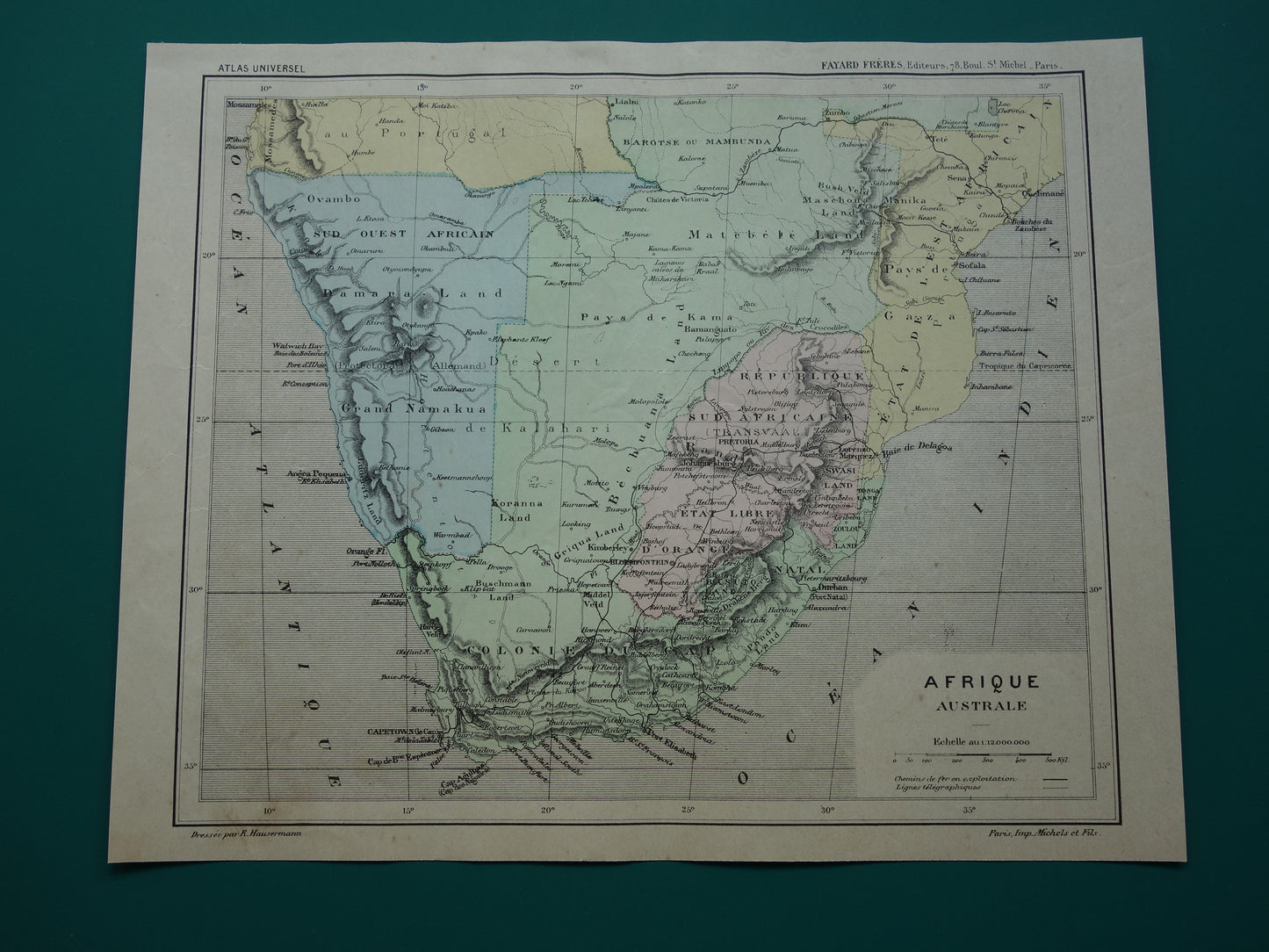 ZUID-AFRIKA Oude kaart van Zuiden van Afrika uit 1896 antieke handgekleurde landkaart Kaapkolonie Transvaal