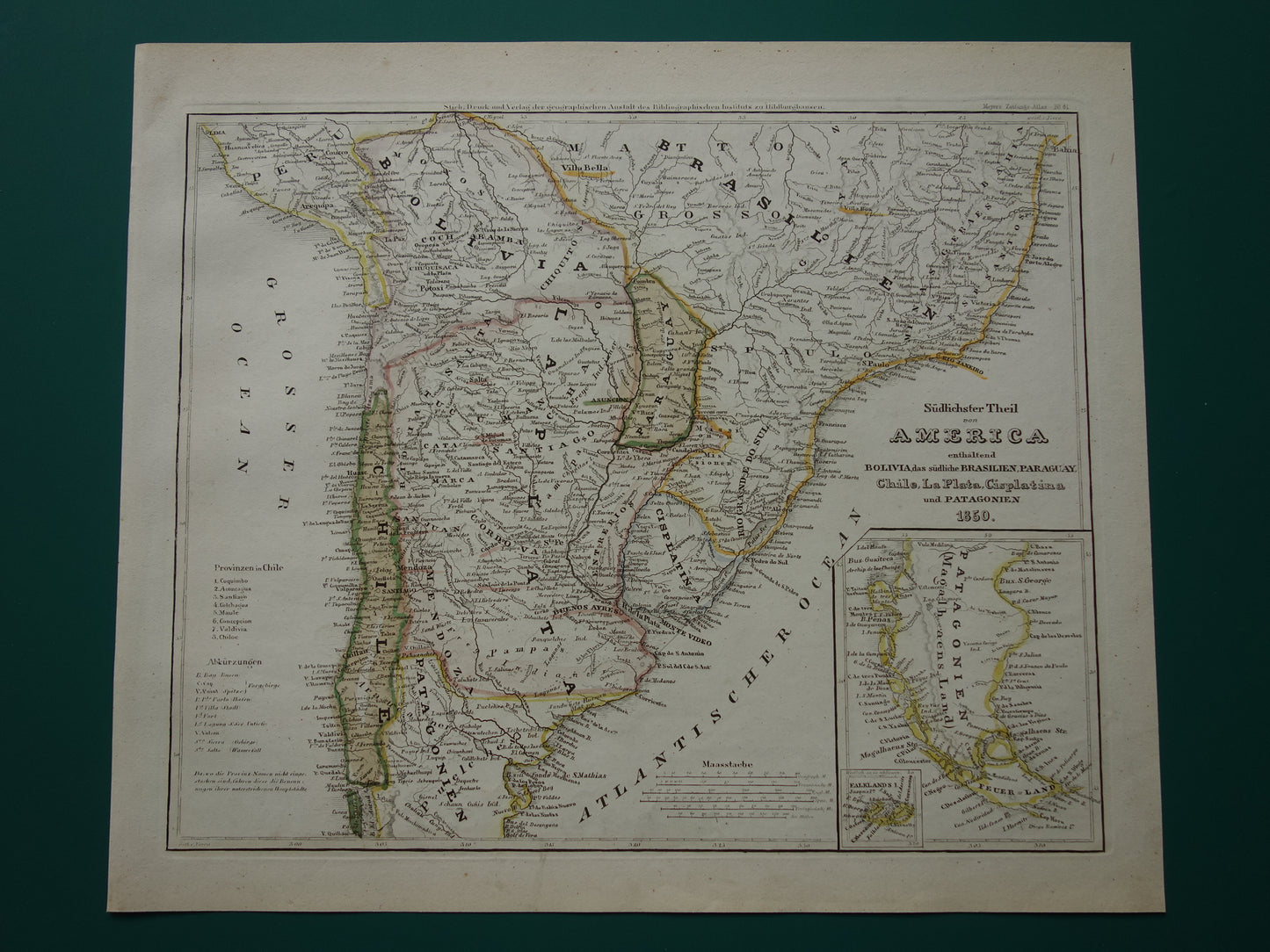 Oude landkaart van Zuid-Amerika met Patagonië uit 1850 originele antieke kaart Argentinië Chili Uruguay Paraguay met jaartal
