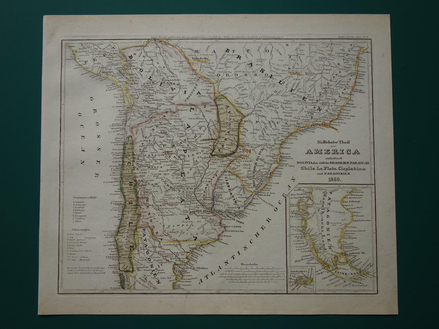 Oude landkaart van Zuid-Amerika met Patagonië uit 1850 originele antieke kaart Argentinië Chili Uruguay Paraguay met jaartal