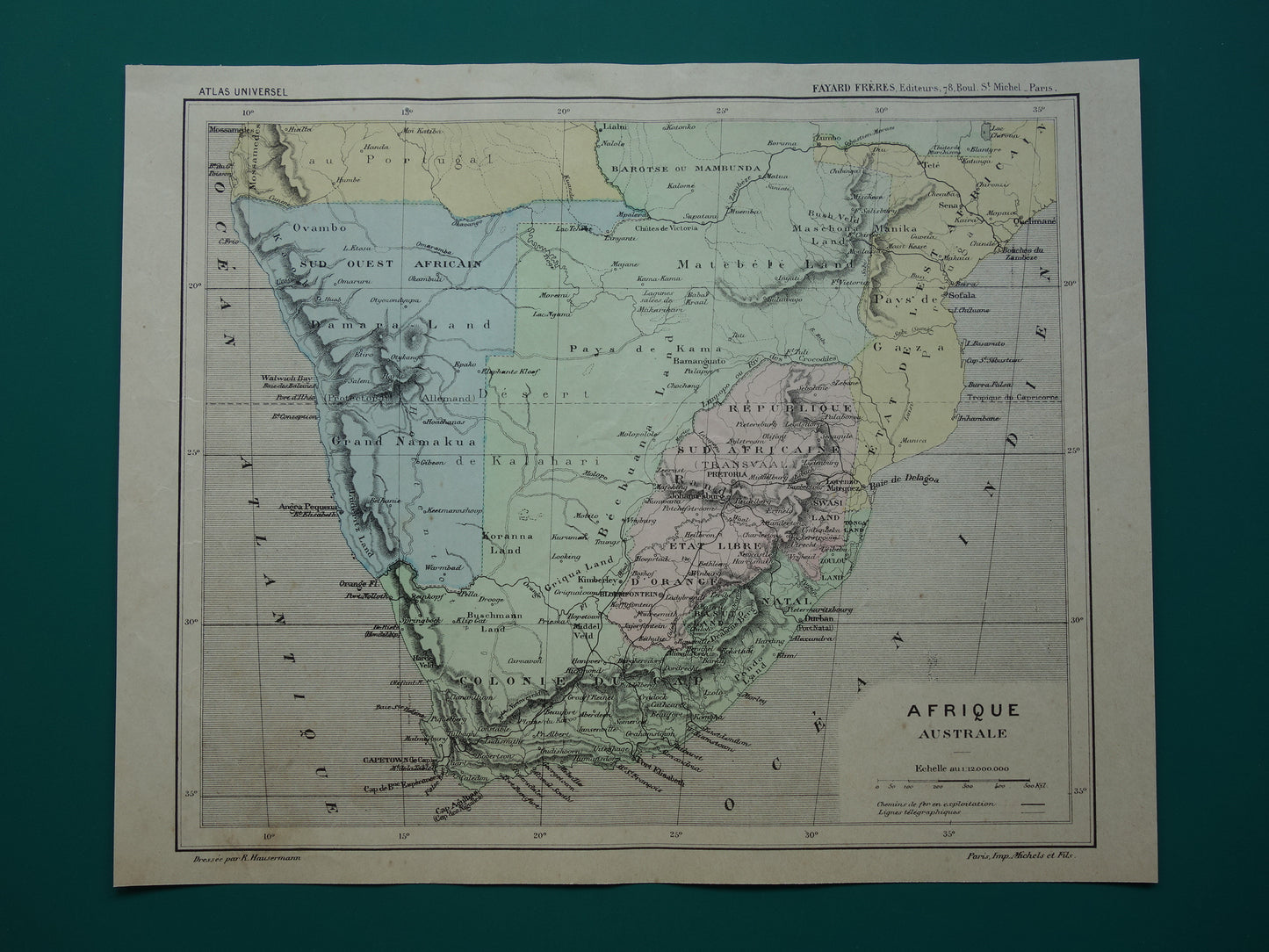 ZUID-AFRIKA Oude kaart van Zuiden van Afrika uit 1896 antieke handgekleurde landkaart Kaapkolonie Transvaal