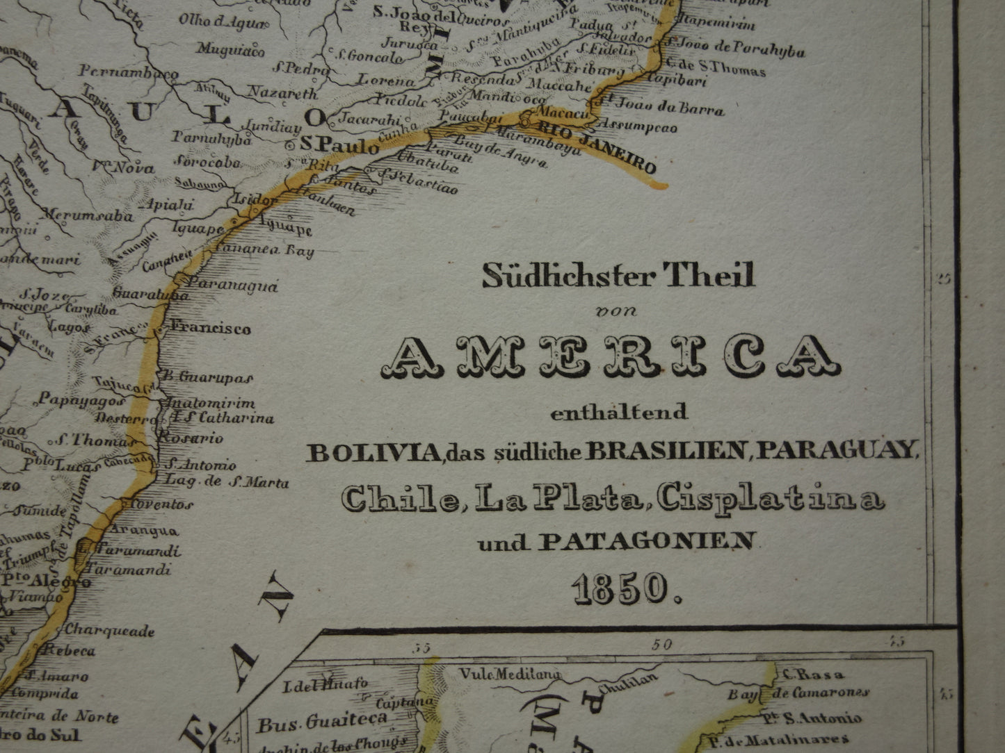 Oude landkaart van Zuid-Amerika met Patagonië uit 1850 originele antieke kaart Argentinië Chili Uruguay Paraguay met jaartal