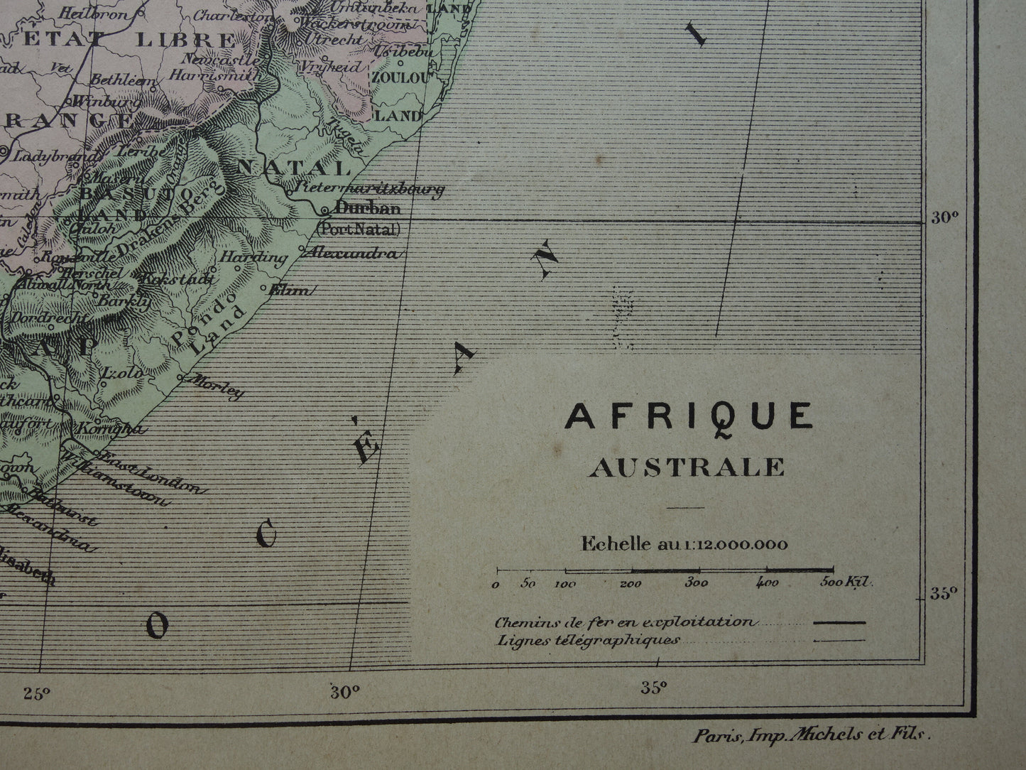 ZUID-AFRIKA Oude kaart van Zuiden van Afrika uit 1896 antieke handgekleurde landkaart Kaapkolonie Transvaal