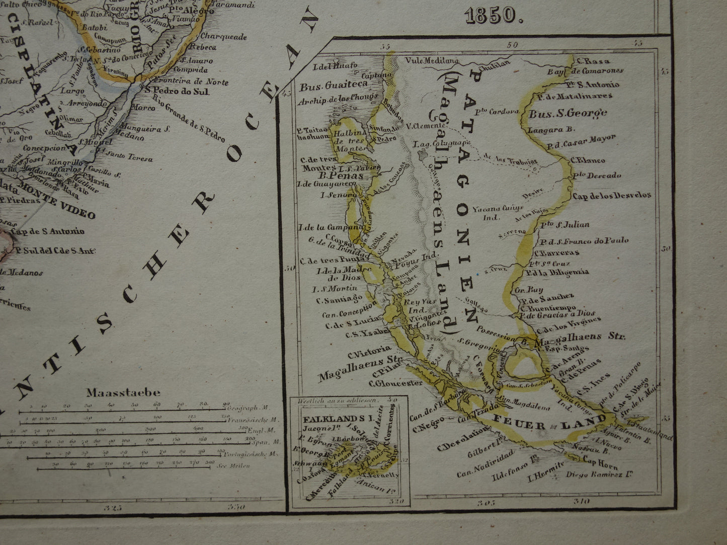 Oude landkaart van Zuid-Amerika met Patagonië uit 1850 originele antieke kaart Argentinië Chili Uruguay Paraguay met jaartal