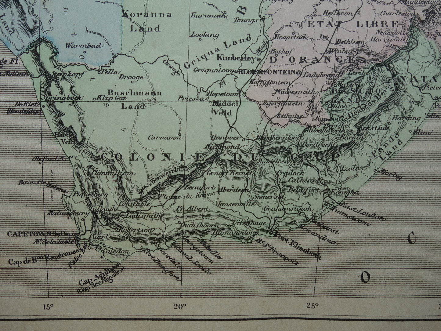 ZUID-AFRIKA Oude kaart van Zuiden van Afrika uit 1896 antieke handgekleurde landkaart Kaapkolonie Transvaal