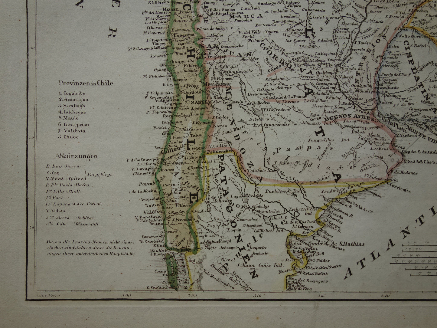 Oude landkaart van Zuid-Amerika met Patagonië uit 1850 originele antieke kaart Argentinië Chili Uruguay Paraguay met jaartal