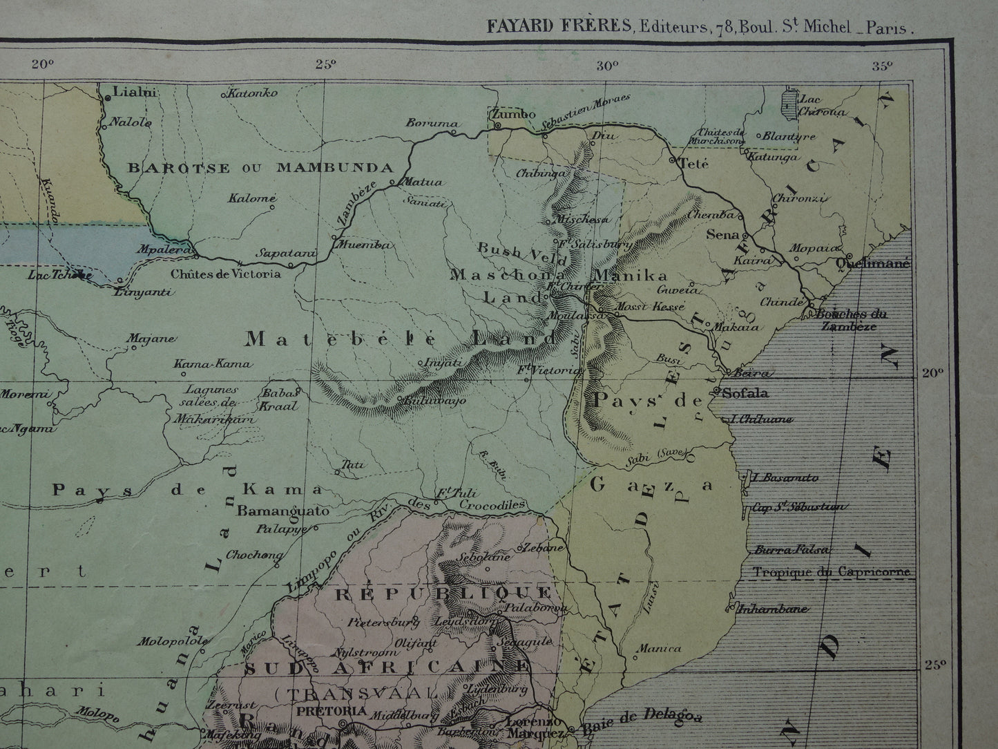 ZUID-AFRIKA Oude kaart van Zuiden van Afrika uit 1896 antieke handgekleurde landkaart Kaapkolonie Transvaal