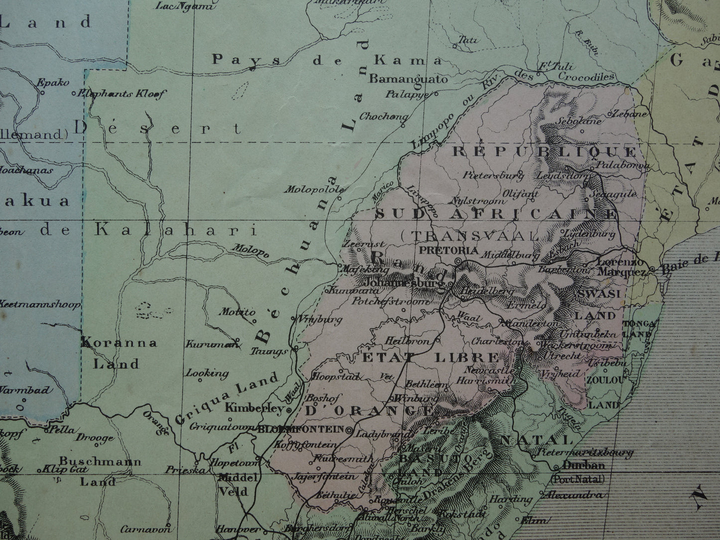 ZUID-AFRIKA Oude kaart van Zuiden van Afrika uit 1896 antieke handgekleurde landkaart Kaapkolonie Transvaal