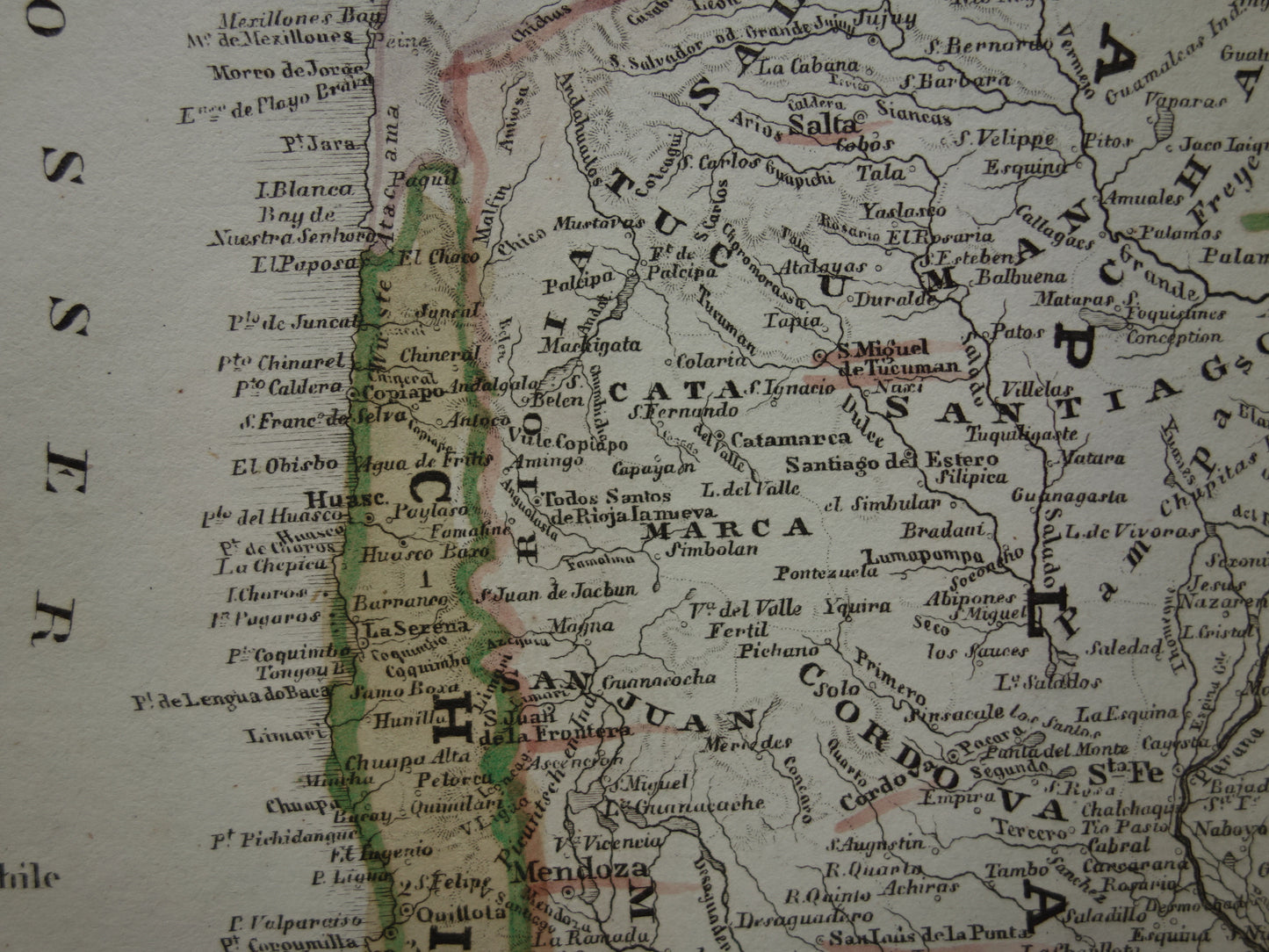 Oude landkaart van Zuid-Amerika met Patagonië uit 1850 originele antieke kaart Argentinië Chili Uruguay Paraguay met jaartal