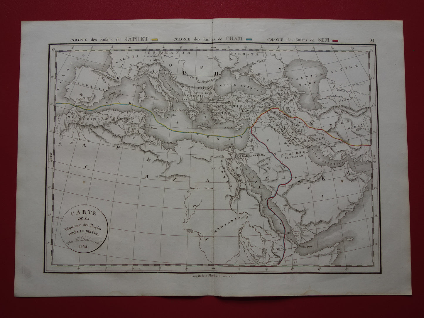 Oude Bijbelse kaart uit 1832 verspreiding zonen van Noach na de zondvloed - originele antieke handgekleurde landkaart met jaartal