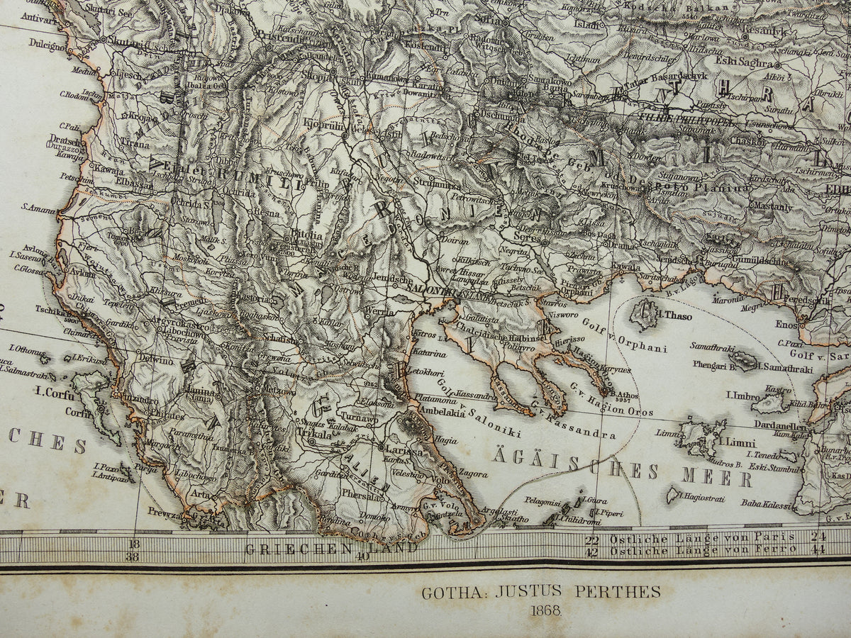 BALKAN old map from 1868 original antique map Bosnia Serbia Romania Bulgaria Hungary Turkey