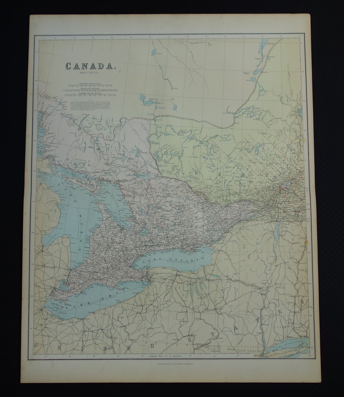 CANADA Grote antieke landkaart van Ontario en Quebec 1890 oude Engelse kaart poster Montréal Toronto Ottawa