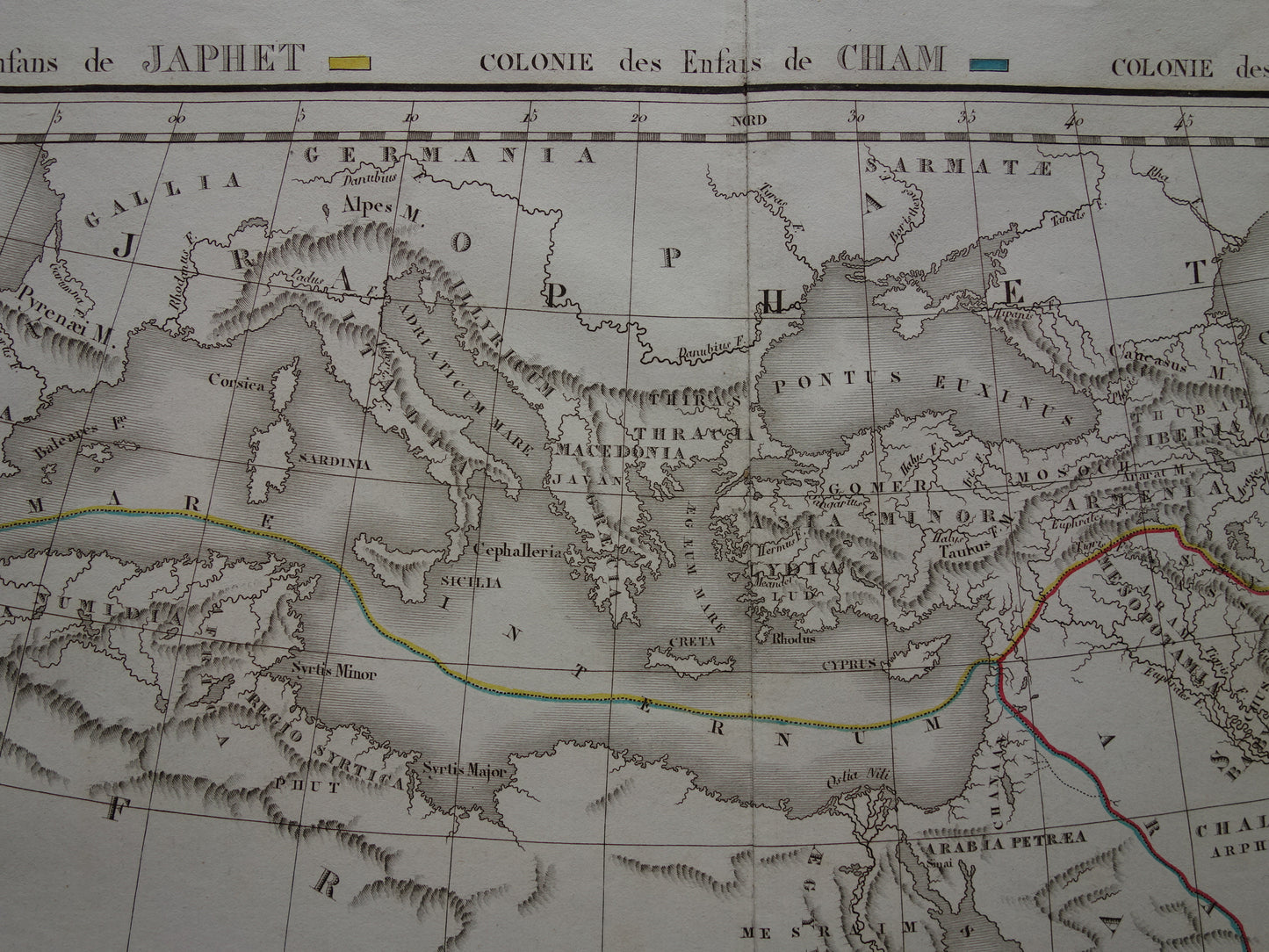 Oude Bijbelse kaart uit 1832 verspreiding zonen van Noach na de zondvloed - originele antieke handgekleurde landkaart met jaartal