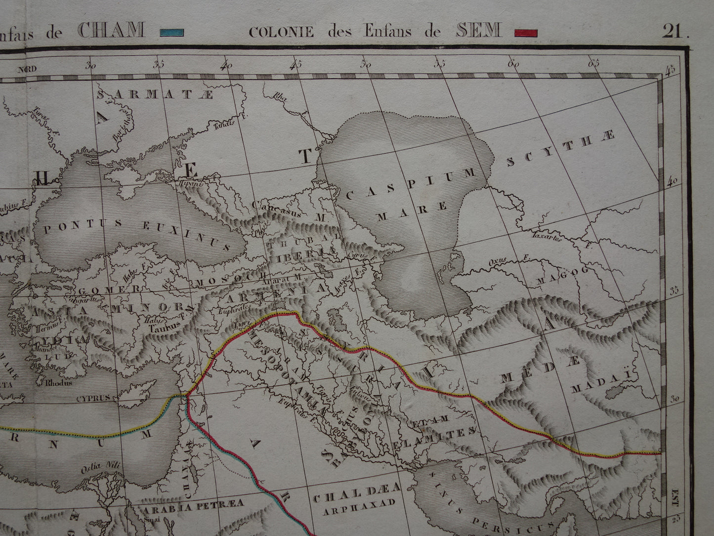 Oude Bijbelse kaart uit 1832 verspreiding zonen van Noach na de zondvloed - originele antieke handgekleurde landkaart met jaartal