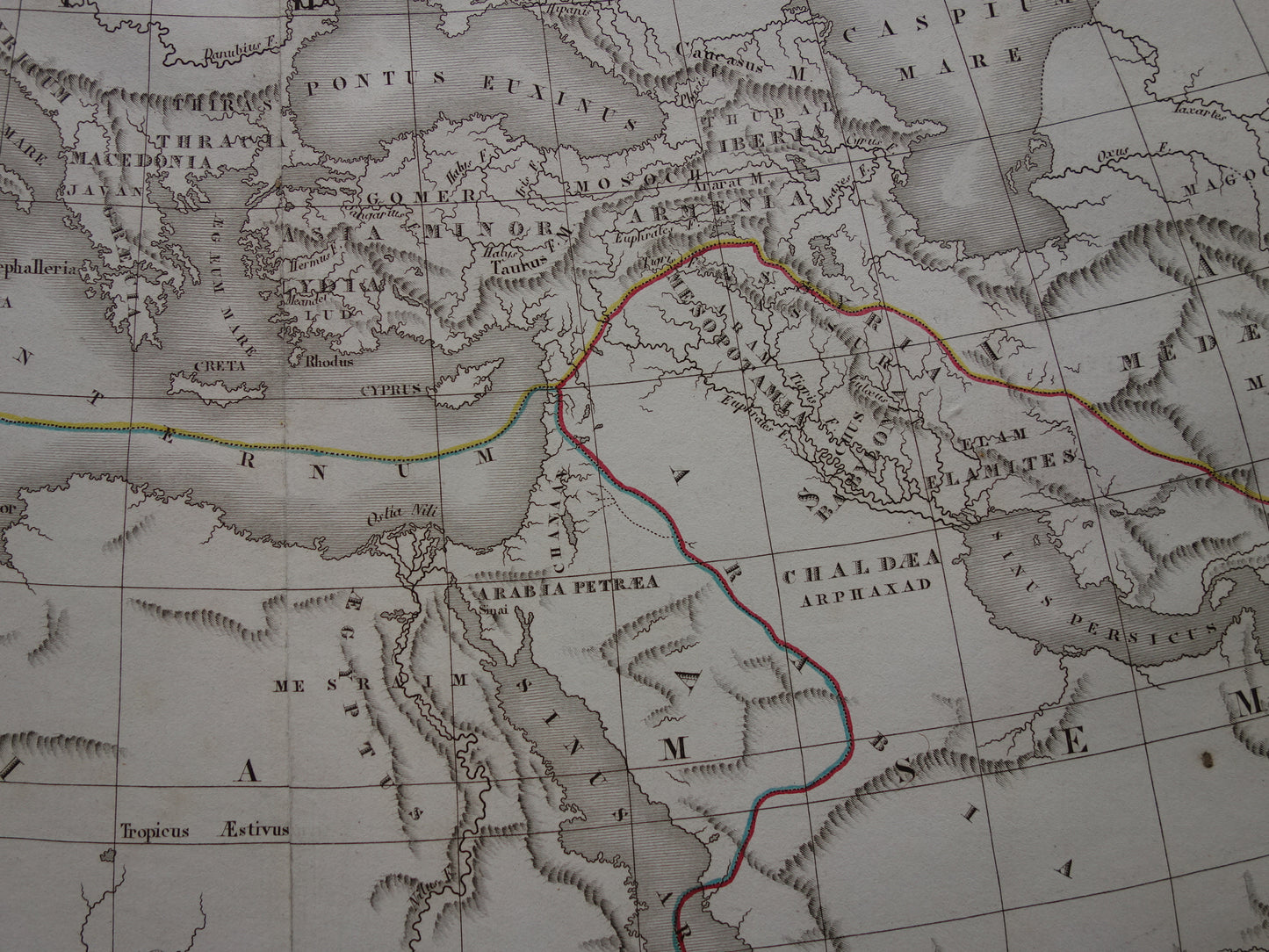 Oude Bijbelse kaart uit 1832 verspreiding zonen van Noach na de zondvloed - originele antieke handgekleurde landkaart met jaartal