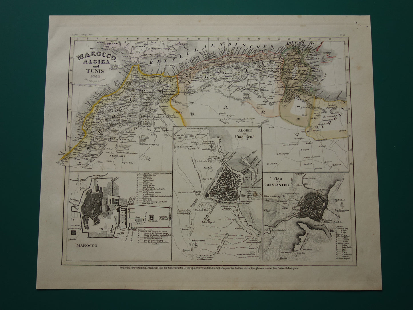 MAROKKO oude kaart van Marokko Algerije en Tunesië 1849 originele antieke landkaart Algiers Constantine en Marakesh plattegrond