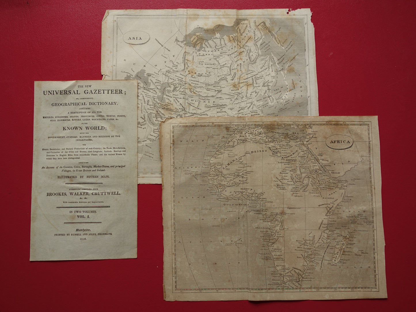 BESCHADIGD Azië en Afrika set van 2 antieke landkaarten uit 1812 Oude kaarten van continent Afrika en Azië