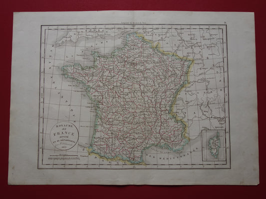 FRANKRIJK oude Franse kaart van Frankrijk uit 1833 originele antieke handgekleurde landkaart Franse departementen