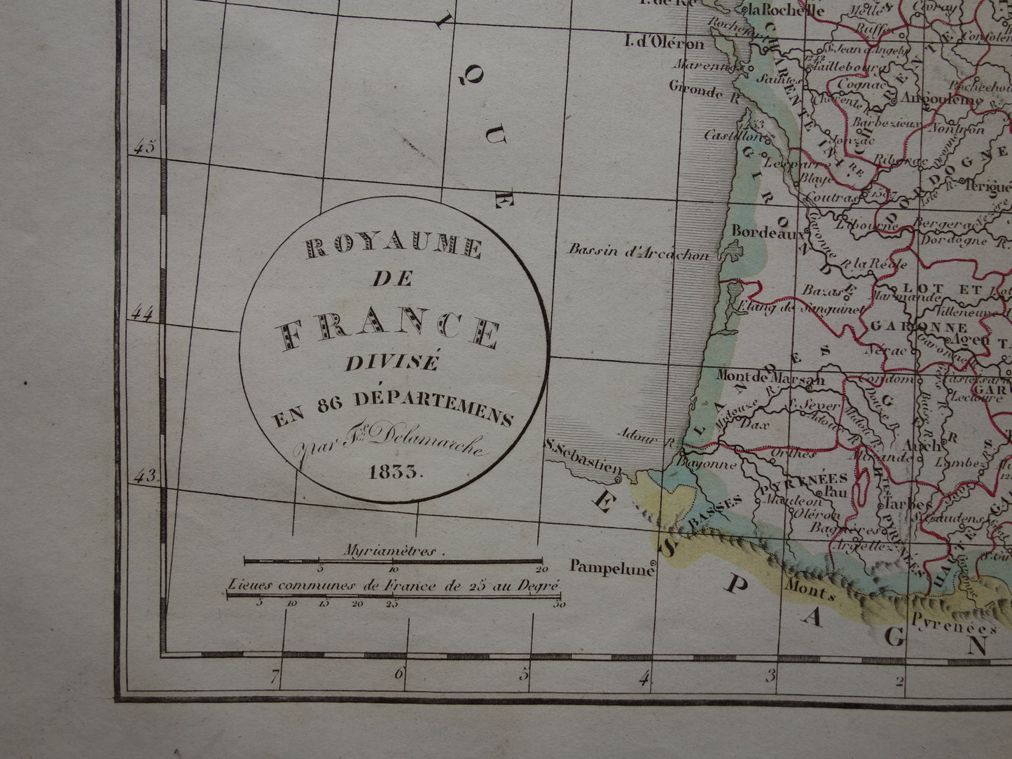FRANKRIJK oude Franse kaart van Frankrijk uit 1833 originele antieke handgekleurde landkaart Franse departementen