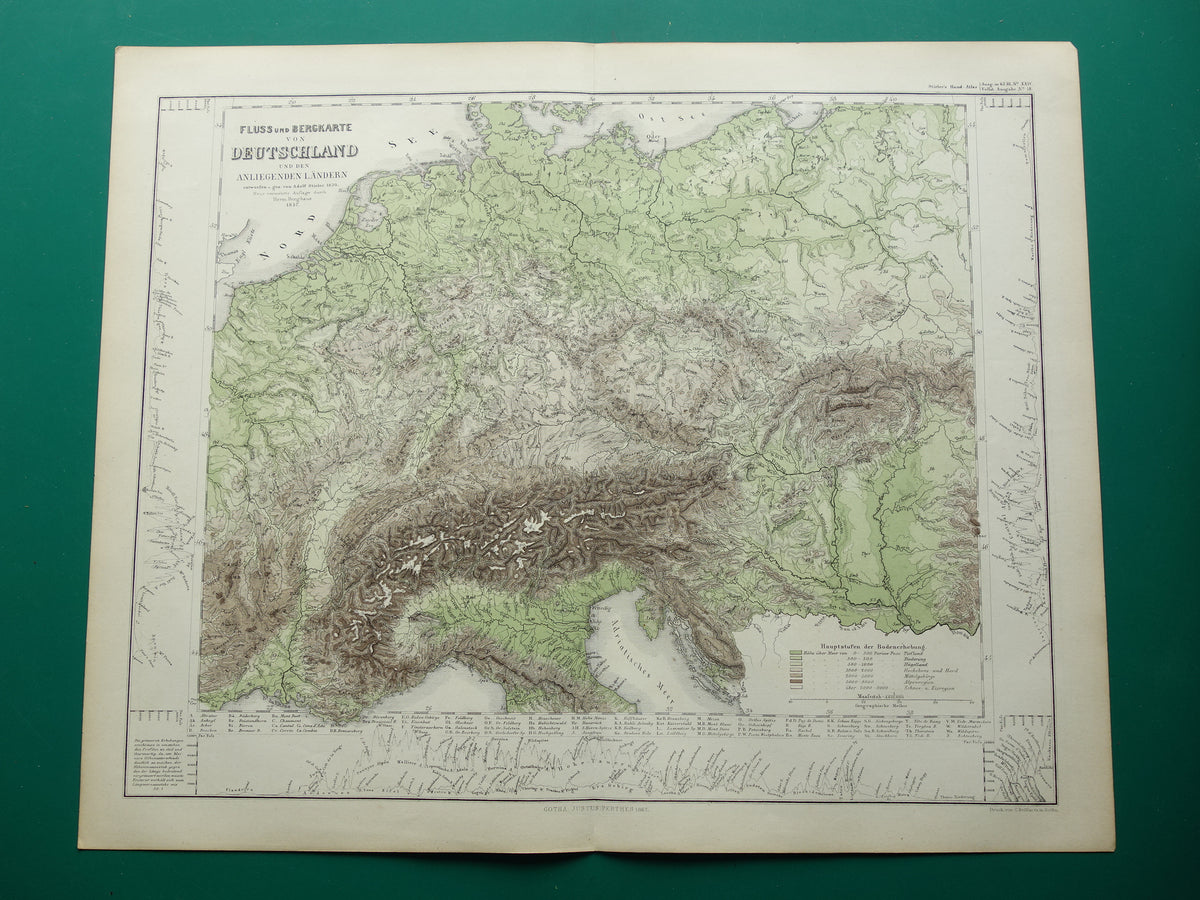 DUITSLAND oude kaart van Centraal Europa en Duitsland in 1867 originele antieke hoogtekaart Alpen Bergen Rivieren Geologie met jaartal te koop