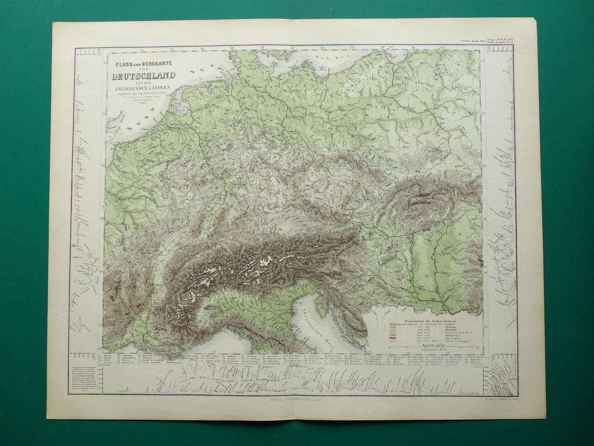 DEUTSCHLAND alte Karte von Mitteleuropa und Deutschland im Jahr 1867 originale antike Höhenkarte Alpen Berge Flüsse Geologie mit Jahreszahl zu verkaufen