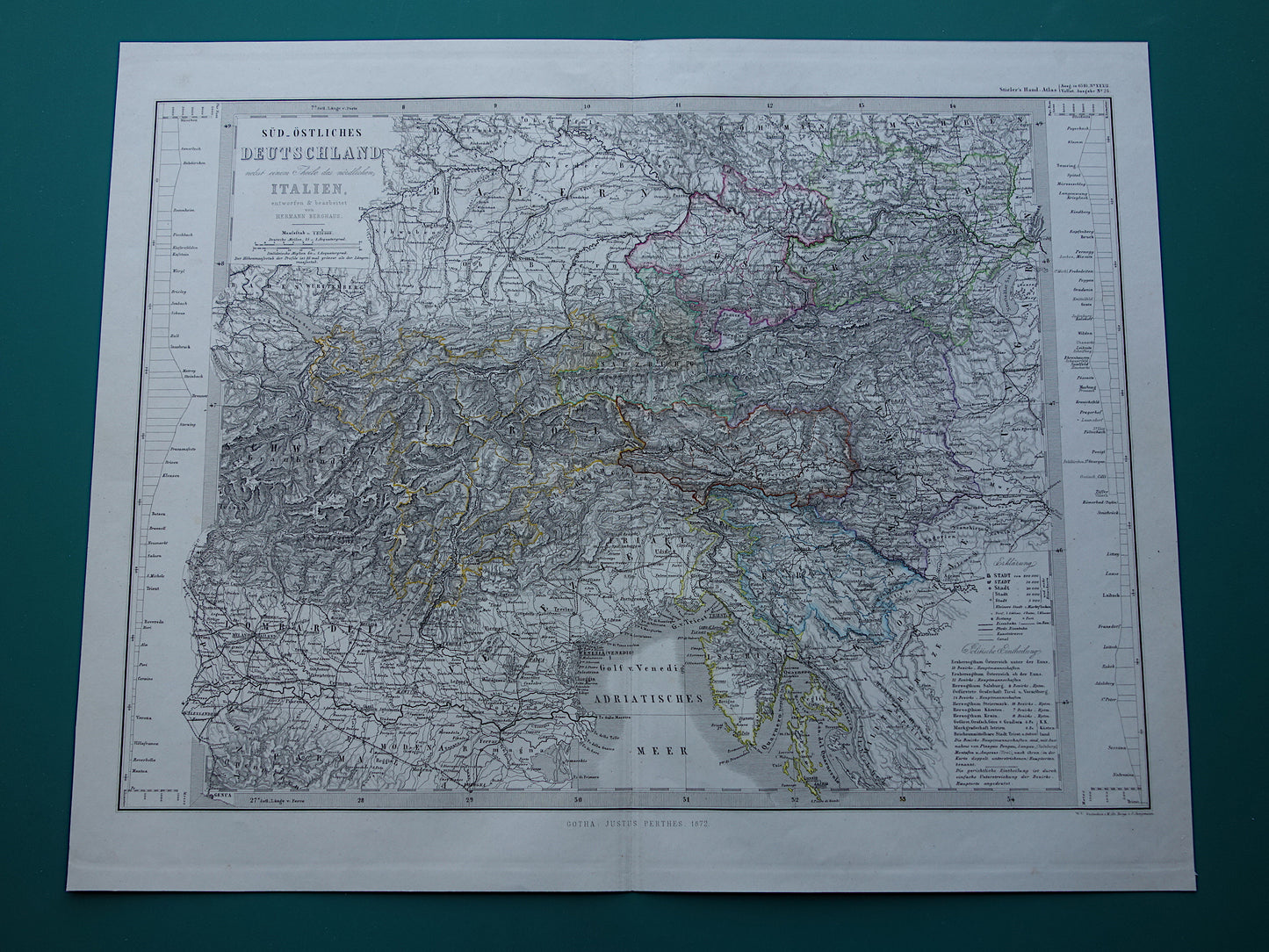 OOSTENRIJK oude kaart van Oostenrijk met Slovenië en Venetië in 1872 Antieke grote handgekleurde landkaart Wenen Graz Tirol