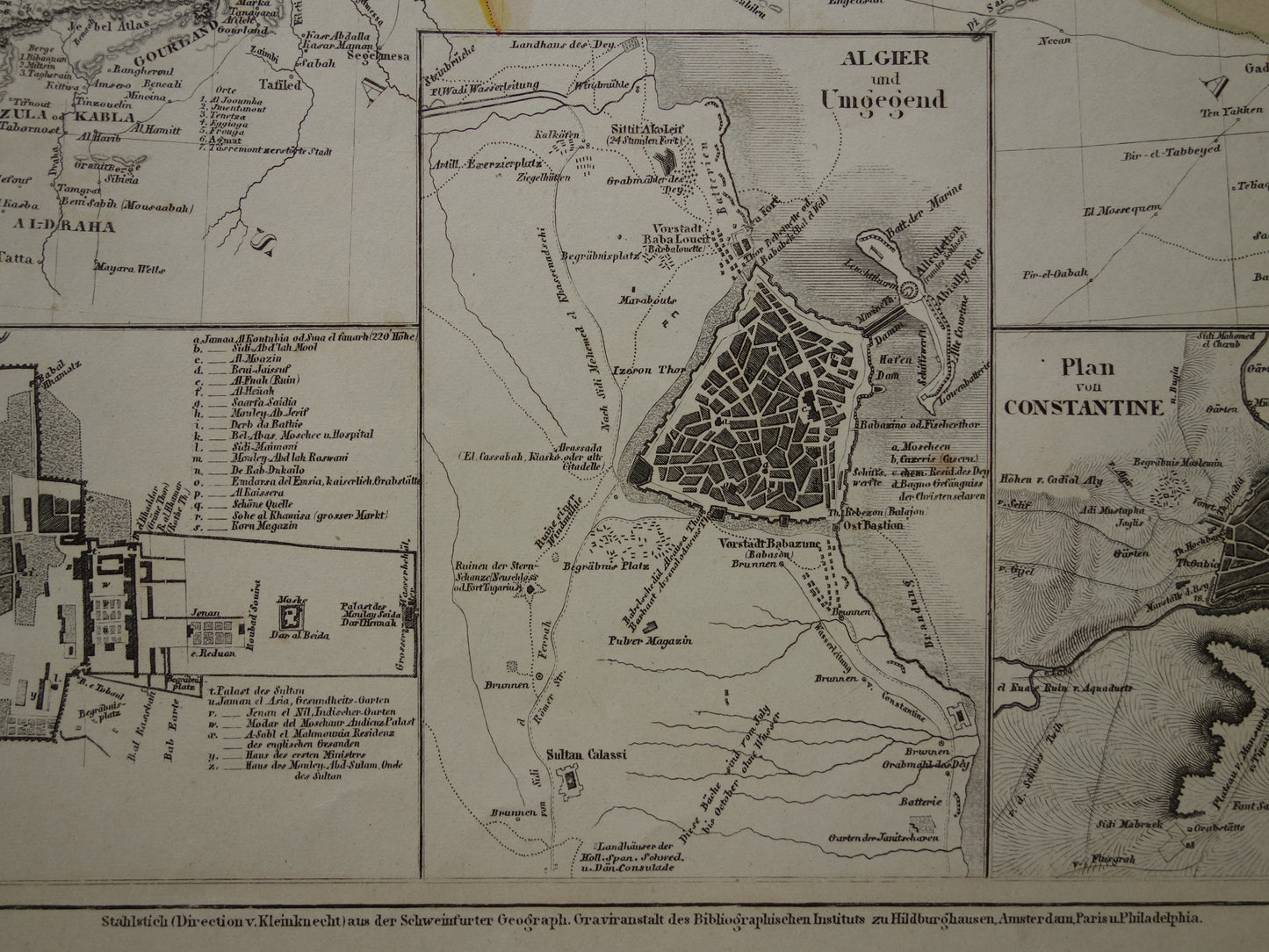 MAROKKO oude kaart van Marokko Algerije en Tunesië 1849 originele antieke landkaart Algiers Constantine en Marakesh plattegrond