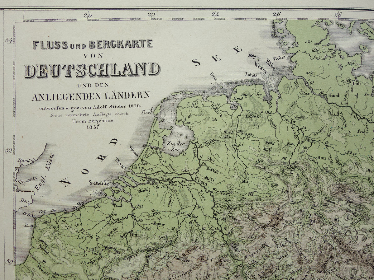 DEUTSCHLAND alte Karte von Mitteleuropa und Deutschland im Jahr 1867 originale antike Höhenkarte Alpen Berge Flüsse Geologie mit Jahreszahl zu verkaufen