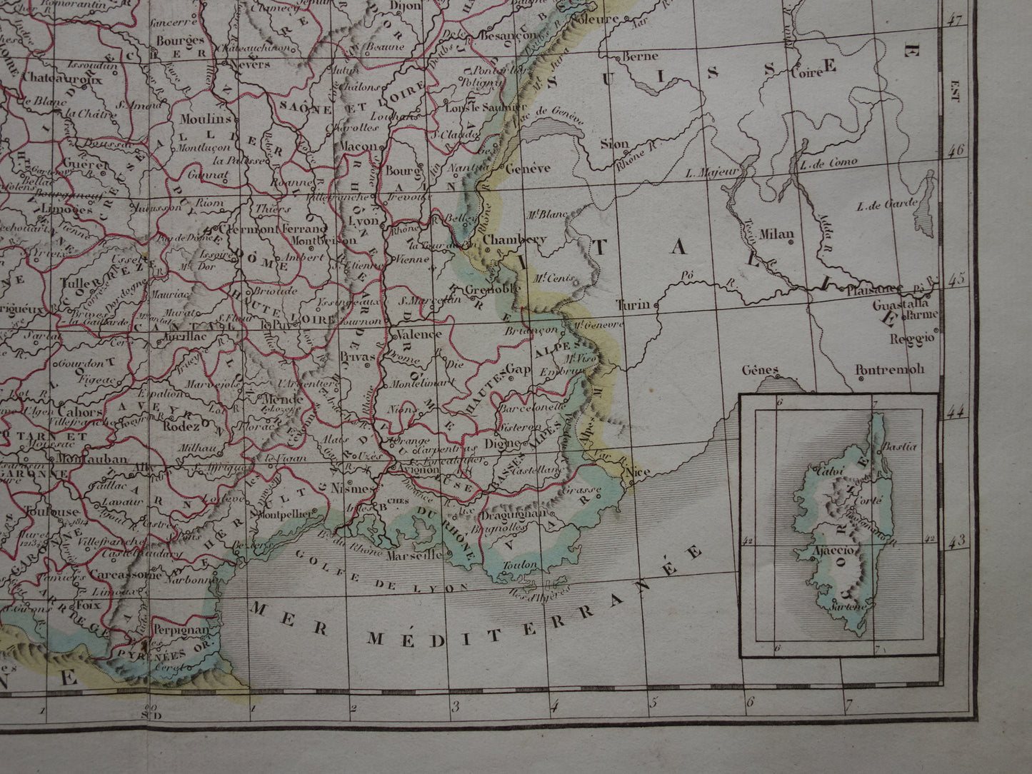 FRANKRIJK oude Franse kaart van Frankrijk uit 1833 originele antieke handgekleurde landkaart Franse departementen