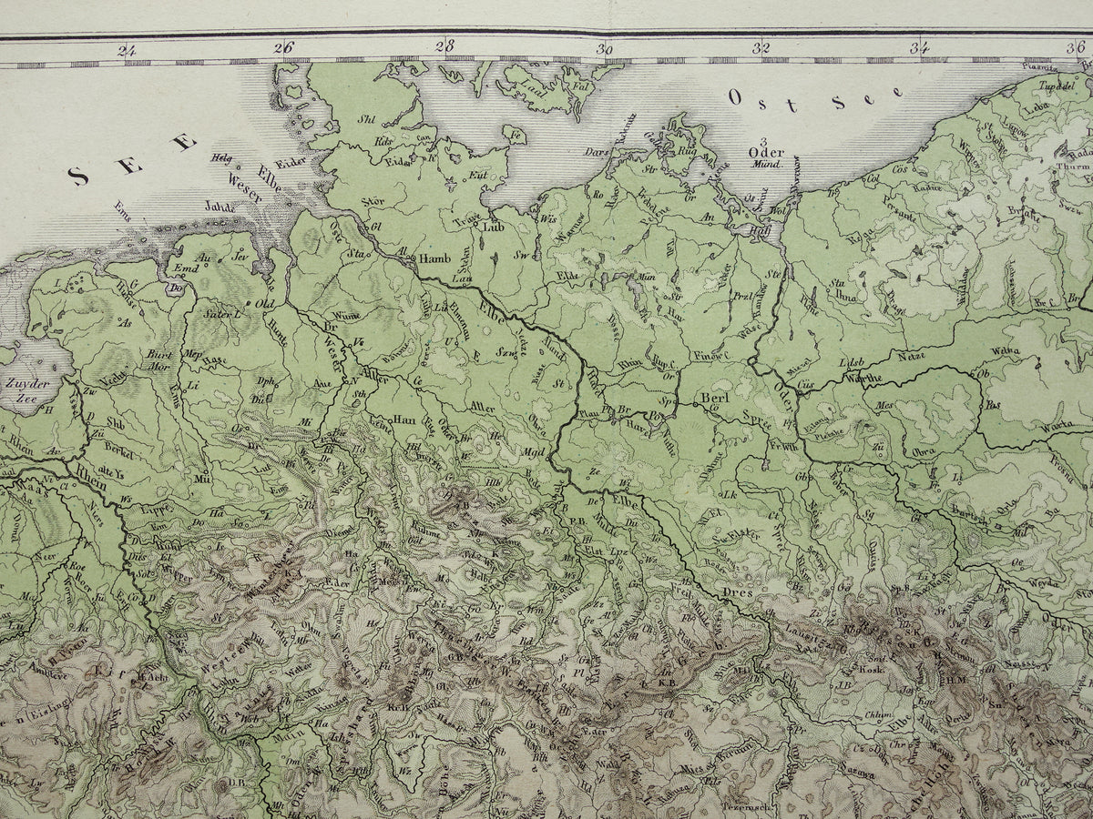 DEUTSCHLAND alte Karte von Mitteleuropa und Deutschland im Jahr 1867 originale antike Höhenkarte Alpen Berge Flüsse Geologie mit Jahreszahl zu verkaufen