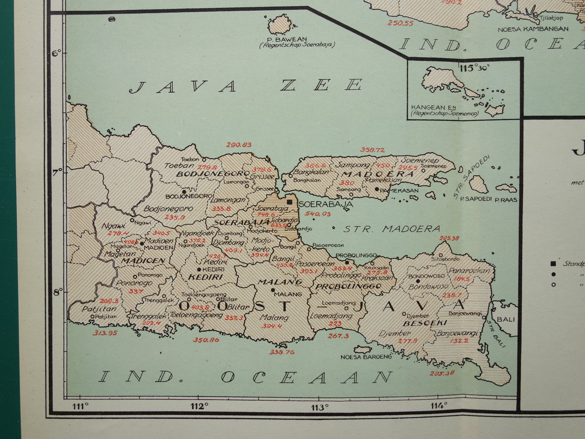Alte Karte von Java und Madura Indonesien 1935 originale niederländische Vintage-Landkarte