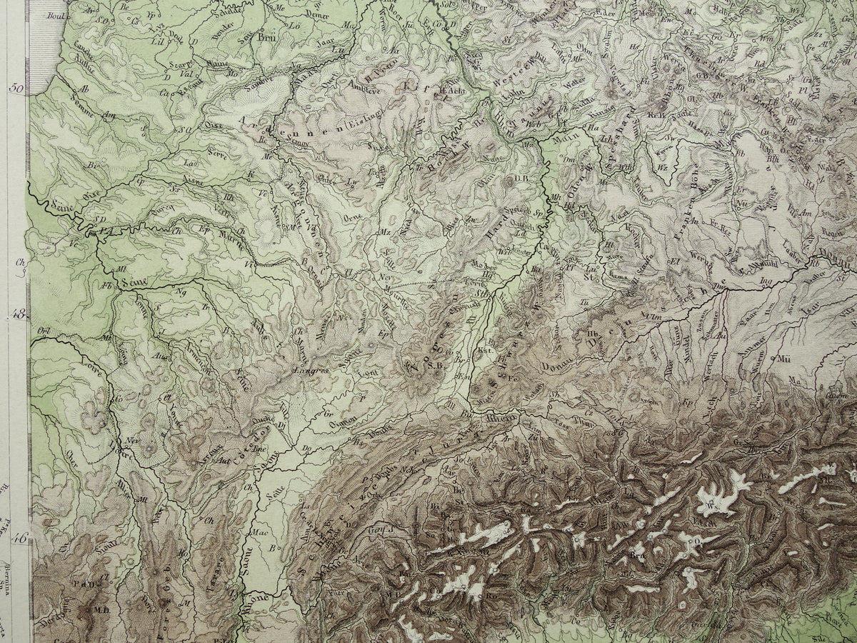 DEUTSCHLAND alte Karte von Mitteleuropa und Deutschland im Jahr 1867 originale antike Höhenkarte Alpen Berge Flüsse Geologie mit Jahreszahl zu verkaufen