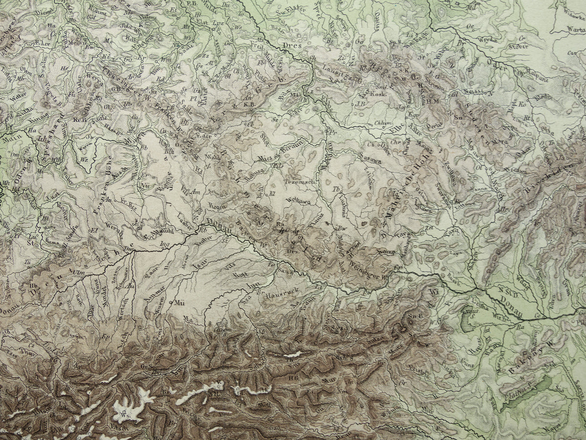 DEUTSCHLAND alte Karte von Mitteleuropa und Deutschland im Jahr 1867 originale antike Höhenkarte Alpen Berge Flüsse Geologie mit Jahreszahl zu verkaufen
