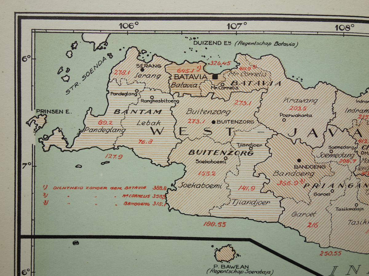 Alte Karte von Java und Madura Indonesien 1935 originale niederländische Vintage-Landkarte