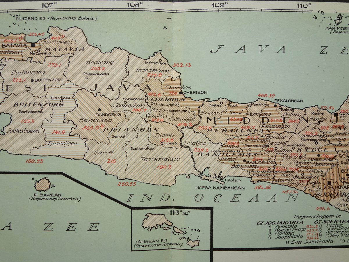 Alte Karte von Java und Madura Indonesien 1935 originale niederländische Vintage-Landkarte
