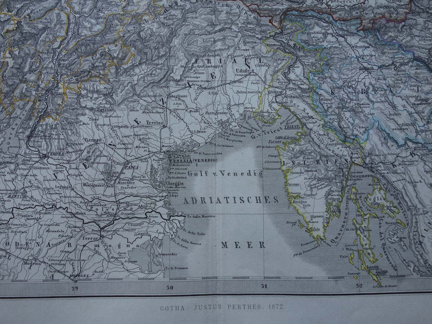 OOSTENRIJK oude kaart van Oostenrijk met Slovenië en Venetië in 1872 Antieke grote handgekleurde landkaart Wenen Graz Tirol