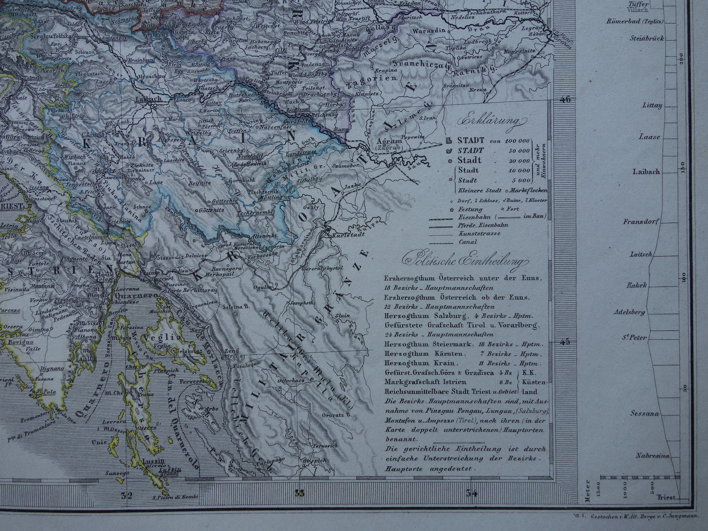 OOSTENRIJK oude kaart van Oostenrijk met Slovenië en Venetië in 1872 Antieke grote handgekleurde landkaart Wenen Graz Tirol