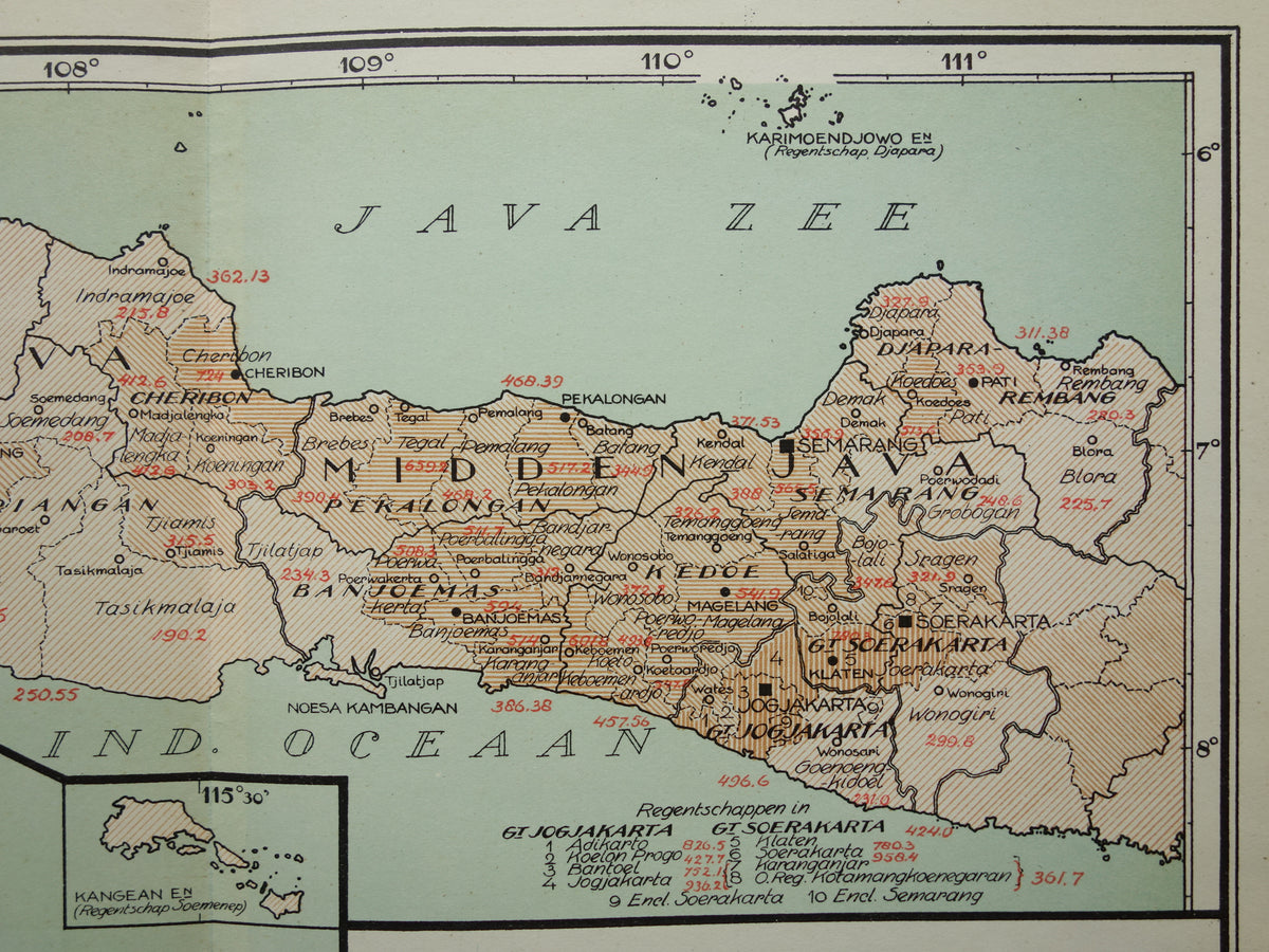 Oude kaart van Java en Madura Indonesië 1935 originele vintage Nederlandse landkaart