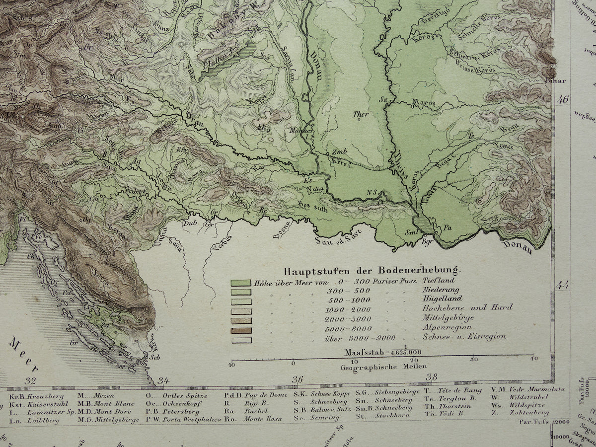 DEUTSCHLAND alte Karte von Mitteleuropa und Deutschland im Jahr 1867 originale antike Höhenkarte Alpen Berge Flüsse Geologie mit Jahreszahl zu verkaufen