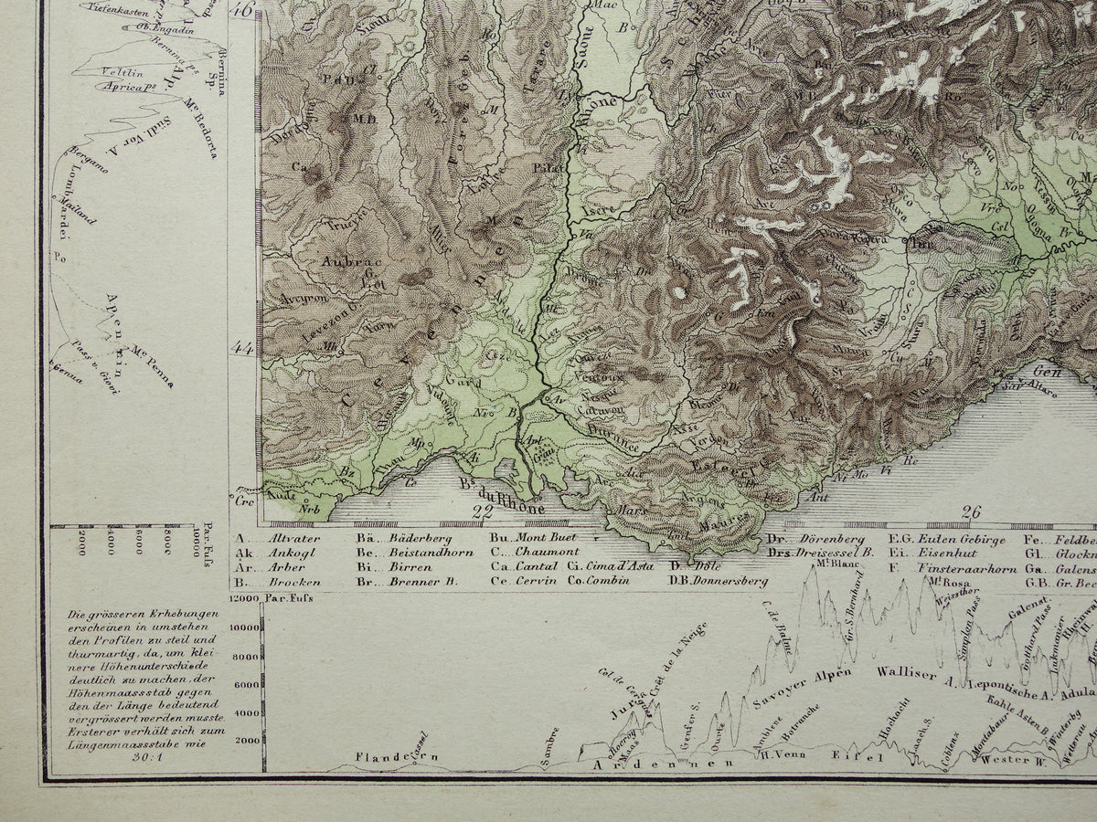 DEUTSCHLAND alte Karte von Mitteleuropa und Deutschland im Jahr 1867 originale antike Höhenkarte Alpen Berge Flüsse Geologie mit Jahreszahl zu verkaufen