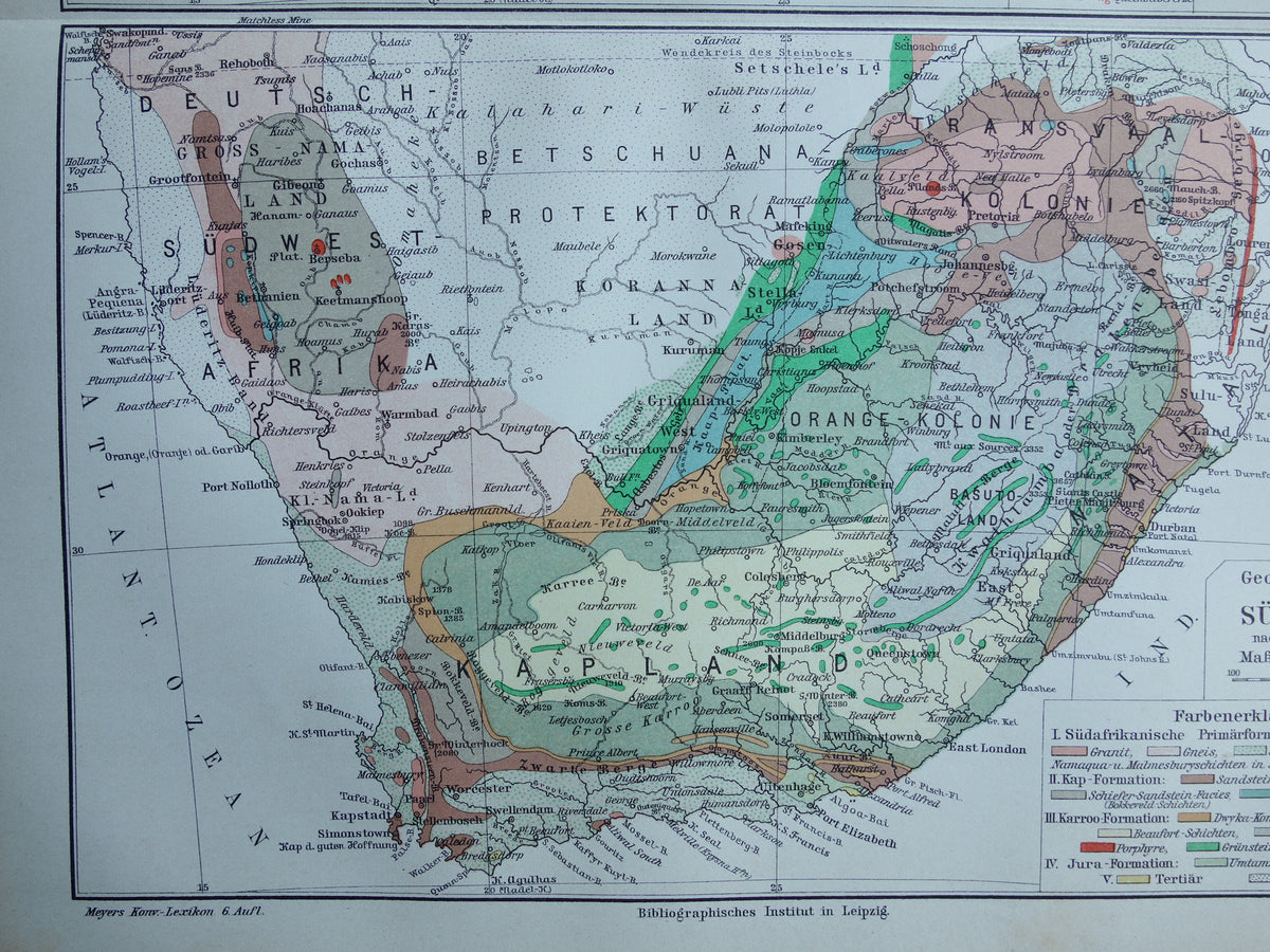 SÜDAFRIKA alte geologische Karte von 1909 antike Landkarte Rohstoffe Mineralien Südafrika Vintage-Druck