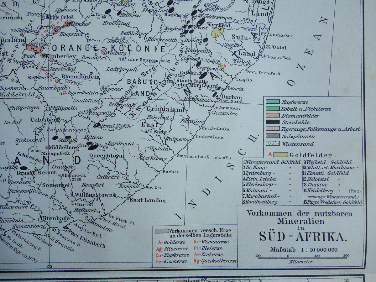 SÜDAFRIKA alte geologische Karte von 1909 antike Landkarte Rohstoffe Mineralien Südafrika Vintage-Druck