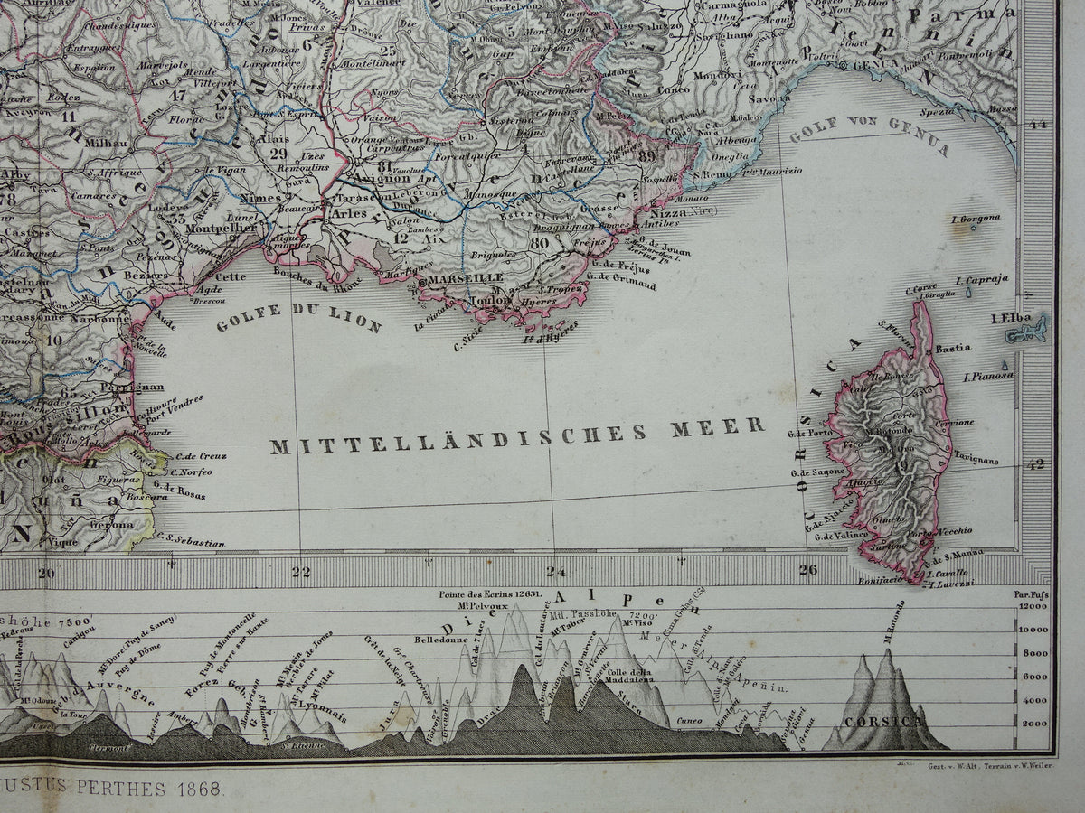 FRANCE old map of France 1868 original antique hand-colored map with date