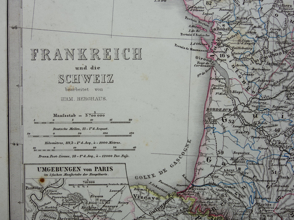 FRANCE old map of France 1868 original antique hand-colored map with date