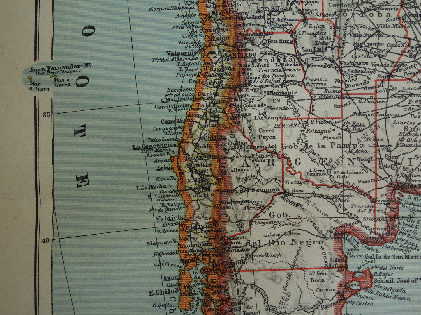 Oude landkaart van Argentinië Chili Uruguay gedetailleerde vintage kaart uit 1936 Origineel Nedelandse kaarten