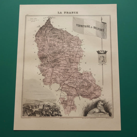 Territoire de Belfort Oude kaart van departement in Frankrijk uit 1886 originele antieke handgekleurde landkaart Belfort
