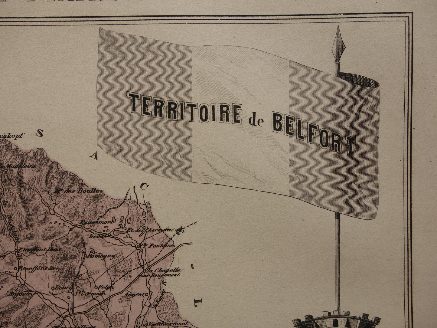 Territoire de Belfort Oude kaart van departement in Frankrijk uit 1886 originele antieke handgekleurde landkaart Belfort